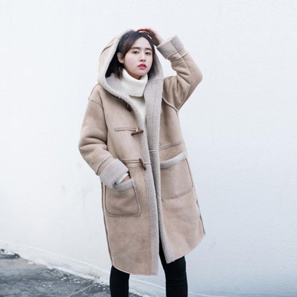 women's wool & blends lamb coat woolen warm thickening female horns buckle hoods student vestiti casacos, Black
women's wool & blends lamb coat woolen warm thickening female horns buckle hoods student vestiti casacos, Black