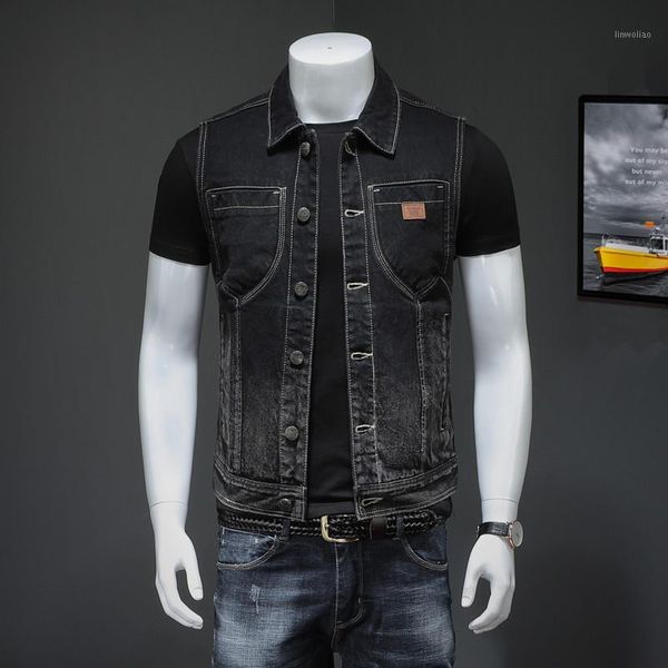 mens motorcycle biker black denim vest vintage sleeveless jean jacket single breasted fashion multiple pockets waistcaot1, Black;white
mens motorcycle biker black denim vest vintage sleeveless jean jacket single breasted fashion multiple pockets waistcaot1, Black;white