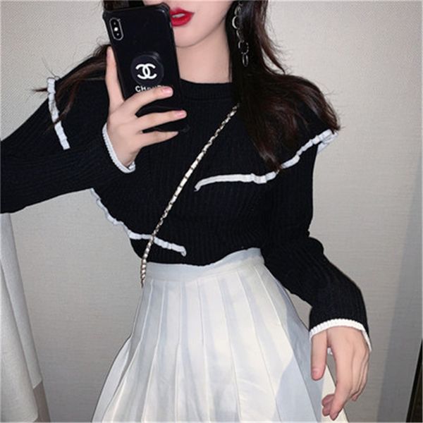 women's slim black sweaters autumn new casual o-neck ruffled knitted pullovers for female elegance all-match bottoming sweater, White;black
women's slim black sweaters autumn new casual o-neck ruffled knitted pullovers for female elegance all-match bottoming sweater, White;black
