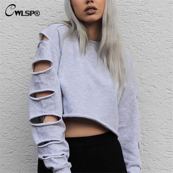 

women's hoodies & sweatshirts wholesale- cwlsp sweatshirt women long sleeve holes hollow out crop midriff polerones mujer kpop1, Black