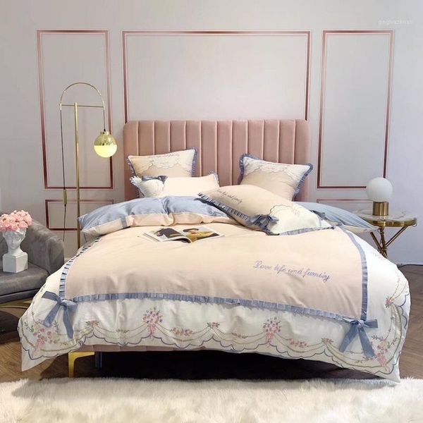 cute princess style comfortable and luxurious 60 long-staple cotton embroidery bow cute bed four-piece bed comfort1
cute princess style comfortable and luxurious 60 long-staple cotton embroidery bow cute bed four-piece bed comfort1