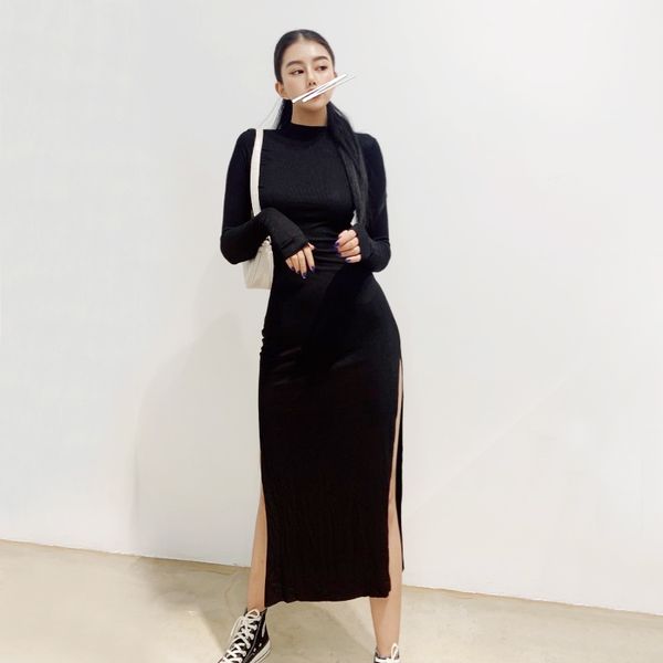women basic long sleeve midi dress with thigh splits, Black
women basic long sleeve midi dress with thigh splits, Black