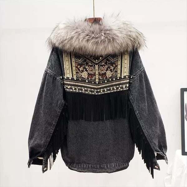 jean fur jacket woman plus velvet thickening fashion plus size coats winter removable fur collar lining embroidery tassel rivet, Black
jean fur jacket woman plus velvet thickening fashion plus size coats winter removable fur collar lining embroidery tassel rivet, Black
