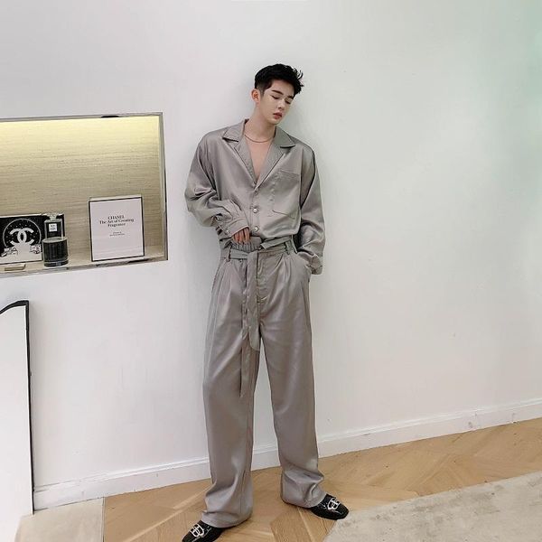 men long sleeve satin style casual retro fashion shirt wide leg belt trousers japan streetwear shirt men 2 piece suits sets, White;black
men long sleeve satin style casual retro fashion shirt wide leg belt trousers japan streetwear shirt men 2 piece suits sets, White;black