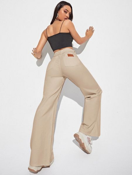 high waist patched detail wide leg pants o6ot#, Blue