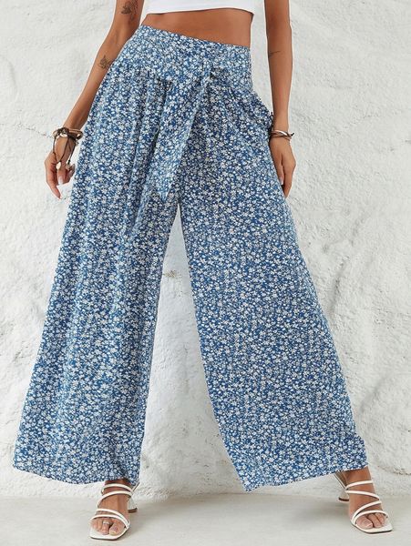 ditsy floral print wide leg belted pants g2kl#, Black;white