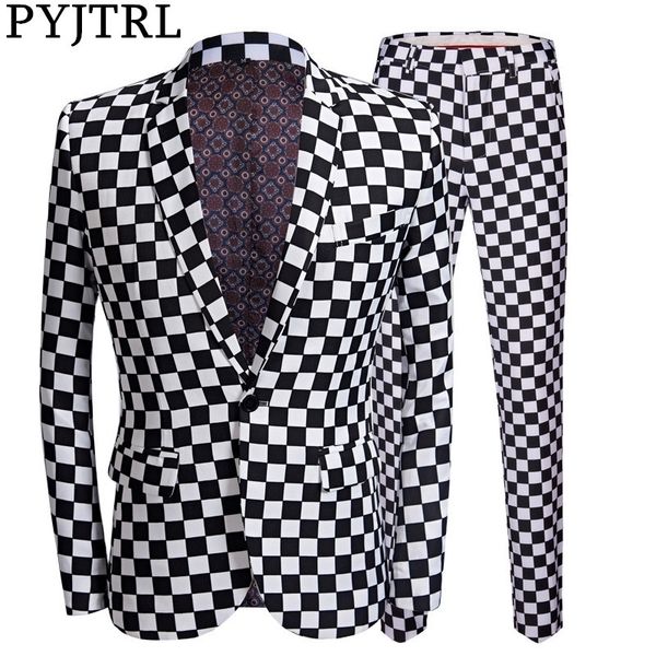 pyjtrl fashion suit men black white plaid print 2 pieces set latest coat pant designs wedding stage singer slim fit costume 201105, White;black
pyjtrl fashion suit men black white plaid print 2 pieces set latest coat pant designs wedding stage singer slim fit costume 201105, White;black