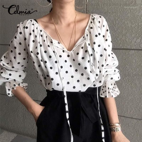 women's blouses & shirts celmia vintage casual long sleeve women loose polka dot print and shirt plus size elegant lace up blusas, White
women's blouses & shirts celmia vintage casual long sleeve women loose polka dot print and shirt plus size elegant lace up blusas, White