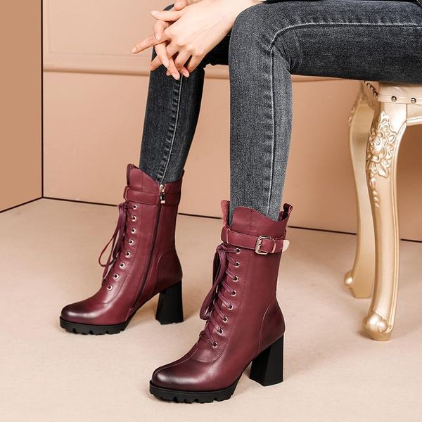elegant comfortable genuine leather mid-calf boots autumn winter thick high heels cross tied party shoes woman, Black
elegant comfortable genuine leather mid-calf boots autumn winter thick high heels cross tied party shoes woman, Black