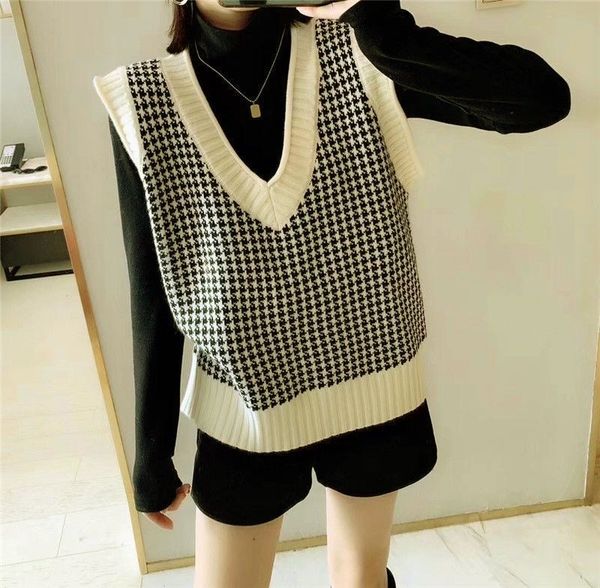 wool sweater vest women winter korean vintage houndstooth geometric plaid v neck sleeveless pullover waistcoat jumper 201111, White;black
wool sweater vest women winter korean vintage houndstooth geometric plaid v neck sleeveless pullover waistcoat jumper 201111, White;black