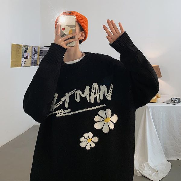 long sleeve men sweater new autumn winter streetwear couple flower pullover men's oversized sweater pull homme loose men, White;black
long sleeve men sweater new autumn winter streetwear couple flower pullover men's oversized sweater pull homme loose men, White;black