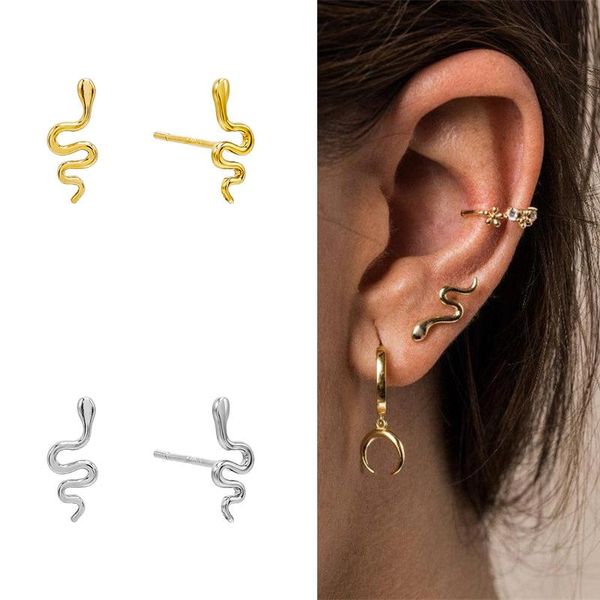 hoop & huggie 925 sterling silver girl's huggies hoops earrings snake/black stone classic minimal charming stud thin gift a30, Golden;silver