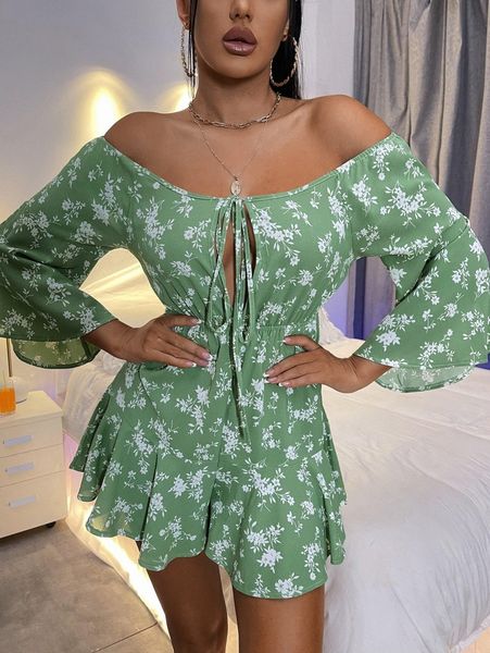 floral print off shoulder knot front ruffle hem romper k8js#, White 
floral print off shoulder knot front ruffle hem romper k8js#, White