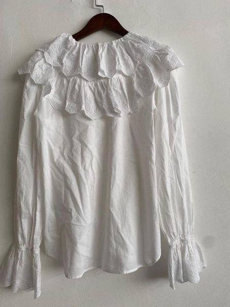women white ruffled blouse shirt long flare sleeve embroidered peter pan collar cotton sweet
women white ruffled blouse shirt long flare sleeve embroidered peter pan collar cotton sweet
