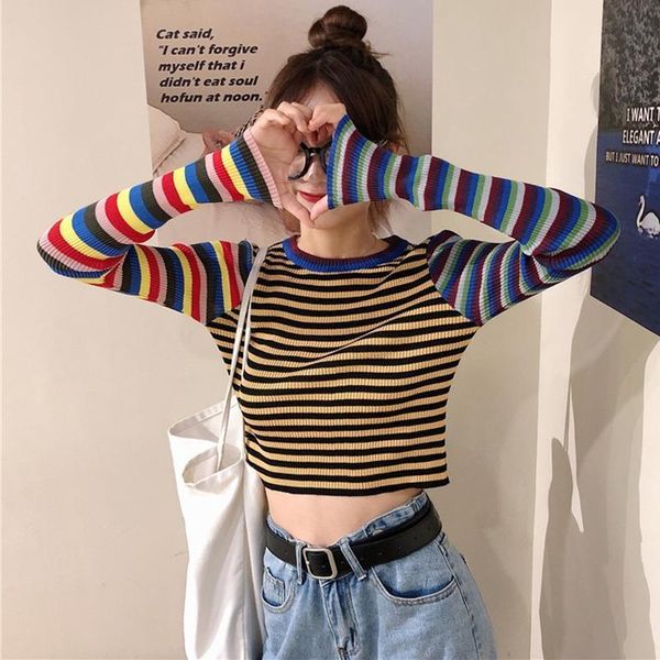 women short slim contrast color stripes fit exposure sweater navel solid color long sleeve knit, White;black
women short slim contrast color stripes fit exposure sweater navel solid color long sleeve knit, White;black