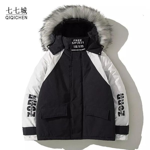 men's winter hooded jacket new casual patchwork parkas oversize warm fur collar thicken zipper letter printed coat hip hop parka, Black
men's winter hooded jacket new casual patchwork parkas oversize warm fur collar thicken zipper letter printed coat hip hop parka, Black