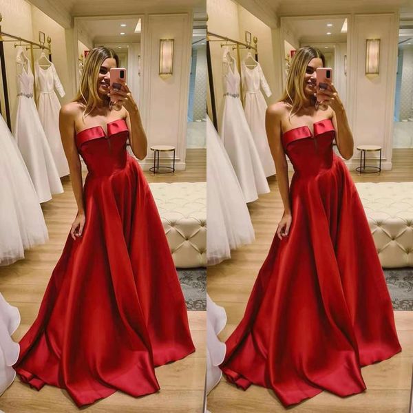 2021 red satin prom dresses simple strapless a line floor length custom made v cut evening party gown formal occasion wear vestidos, Black
2021 red satin prom dresses simple strapless a line floor length custom made v cut evening party gown formal occasion wear vestidos, Black
