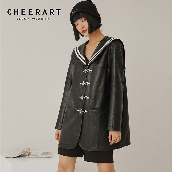 cheerart vintage black leather jacket sailor collar metal button up faux leather coats designer jacket fall women clothing 201030
cheerart vintage black leather jacket sailor collar metal button up faux leather coats designer jacket fall women clothing 201030