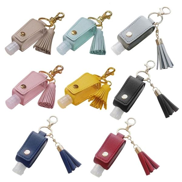 30ml portable empty leakproof plastic travel bottle for hand sanitizer with tassels leather keychain holder carriers
30ml portable empty leakproof plastic travel bottle for hand sanitizer with tassels leather keychain holder carriers