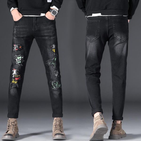 men's jeans autumn high end versatile hole patch chaopai slim feet korean retro black pants, Blue
men's jeans autumn high end versatile hole patch chaopai slim feet korean retro black pants, Blue