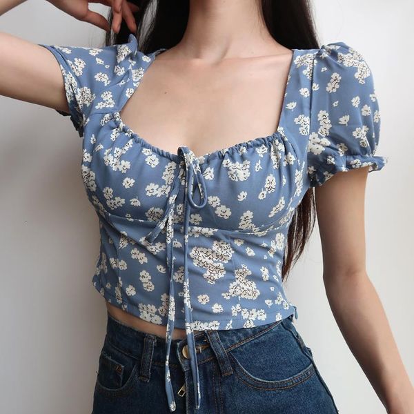 women square neck puff sleeved blouse with drawstring detail floral print in blue, White
women square neck puff sleeved blouse with drawstring detail floral print in blue, White