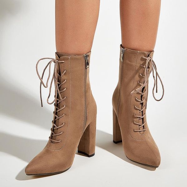 cross strap mid-calf boots women high heels shoes autumn winter pointed toe zip half boot big size 35-42 zapatos de mujer, Black