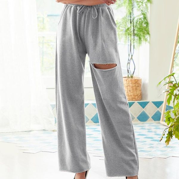 women ripped hole trousers elegant fashion solid color side pockets drawstring pants loose leisure wear long pants casual, Black;white
women ripped hole trousers elegant fashion solid color side pockets drawstring pants loose leisure wear long pants casual, Black;white