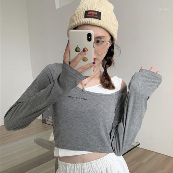 ladies fake two long-sleeved t-shirts women's autumn asymmetrical collar solid color letter short t-shirt, White
ladies fake two long-sleeved t-shirts women's autumn asymmetrical collar solid color letter short t-shirt, White