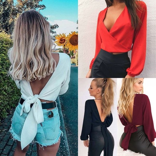 summer women casual blouse long sleeve shirt full sleeve v neck backless bow short chiffon blouse women club party shirts y200622, White
summer women casual blouse long sleeve shirt full sleeve v neck backless bow short chiffon blouse women club party shirts y200622, White