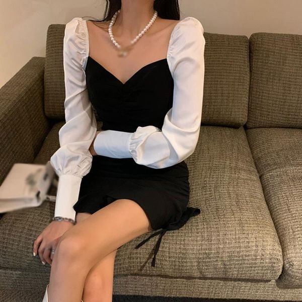 women irregular collar tight-fitting dress autumn puff sleeve side rope design stitching dresses, Black;gray
women irregular collar tight-fitting dress autumn puff sleeve side rope design stitching dresses, Black;gray