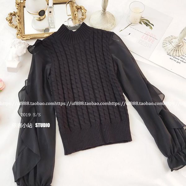 2020 spring fall new high collar chiffon ruffle spliced sleeve short sweater knitwear women pullover knitted shirt 1, White;black
2020 spring fall new high collar chiffon ruffle spliced sleeve short sweater knitwear women pullover knitted shirt 1, White;black
