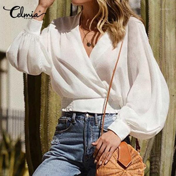 fashion women blouses celmia plus size s-5xl deep v neck shirt see-through long lantern sleeve elastic waist blusas 71, White
fashion women blouses celmia plus size s-5xl deep v neck shirt see-through long lantern sleeve elastic waist blusas 71, White
