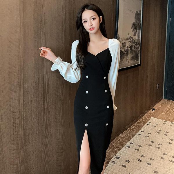 coigarsam full sleeve women one-piece dress korean new french style vintage dresses black d622, Black;gray
coigarsam full sleeve women one-piece dress korean new french style vintage dresses black d622, Black;gray