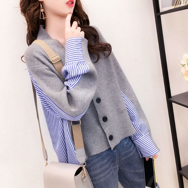 korean ins autumn new striped shirt stitching v-neck single breasted loose knit shirtcoat shirt cardigan thin coat kt4tu, White;black
korean ins autumn new striped shirt stitching v-neck single breasted loose knit shirtcoat shirt cardigan thin coat kt4tu, White;black