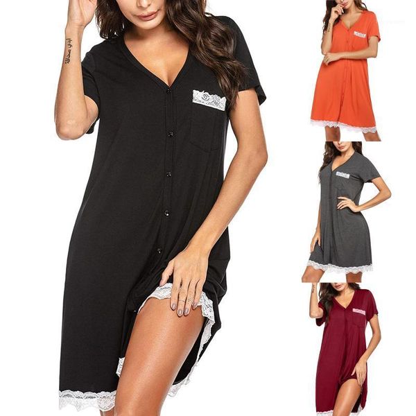 women sleepwear shirt night dress casual loose lace patchwork short sleeve button solid color v-neck nightdress nuisette femme1, Black;red
women sleepwear shirt night dress casual loose lace patchwork short sleeve button solid color v-neck nightdress nuisette femme1, Black;red