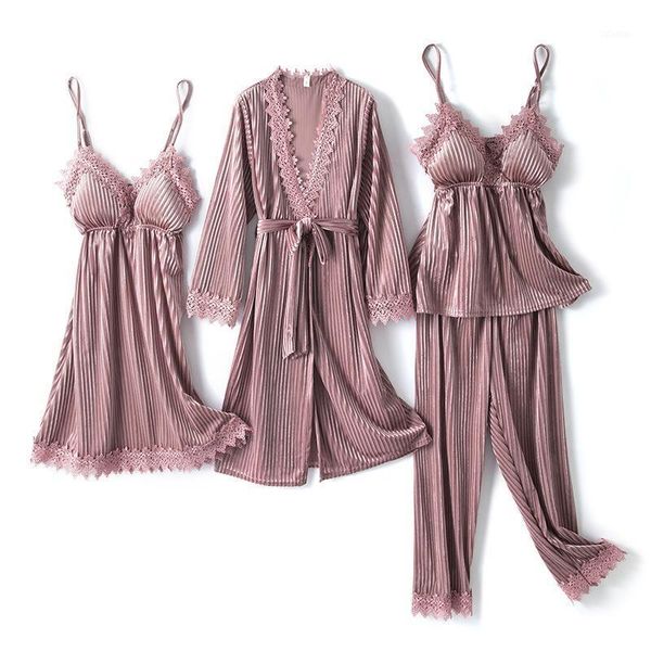 women's sleepwear 4 pcs nightgown suit golden velvet striped cardigan lace robe sets warm and comfortable bathrobe homewear winter1, Black;red
women's sleepwear 4 pcs nightgown suit golden velvet striped cardigan lace robe sets warm and comfortable bathrobe homewear winter1, Black;red