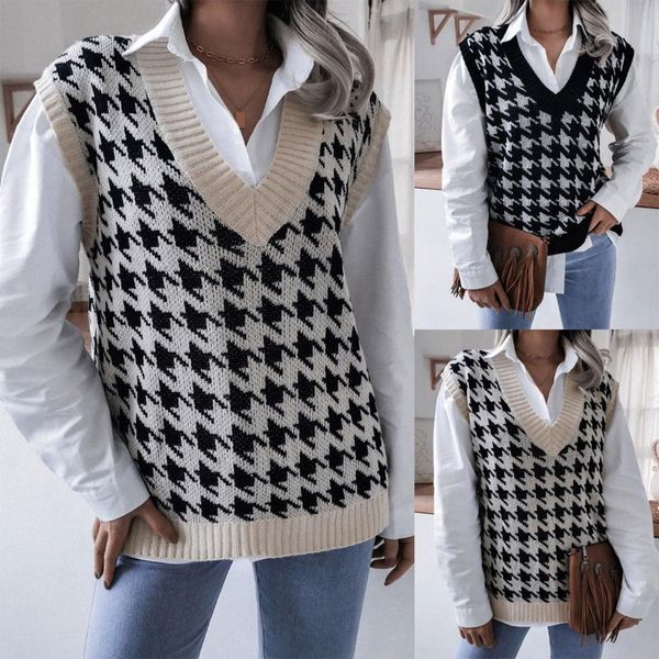 women's vests 2021 fashion houndstooth print knitted women v neck sweater vest sleeveless loose fit tank for female, Black;white
women's vests 2021 fashion houndstooth print knitted women v neck sweater vest sleeveless loose fit tank for female, Black;white