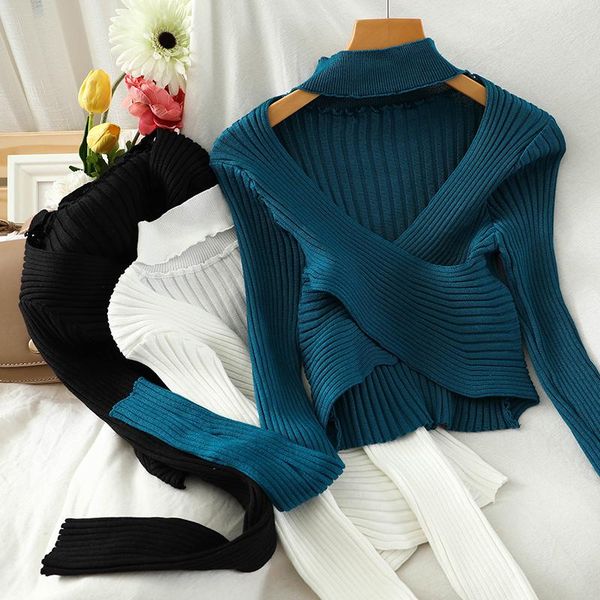 women's sweaters 2021 autumn design sense hanging neck v-neck cross short half-high collar hollow long-sleeved sweater, White;black
women's sweaters 2021 autumn design sense hanging neck v-neck cross short half-high collar hollow long-sleeved sweater, White;black