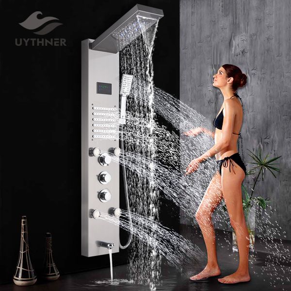 luxury brushed nickle/black bathroom shower faucet led shower panel column bathtub mixer tap with hand shower temperature screen 1011
luxury brushed nickle/black bathroom shower faucet led shower panel column bathtub mixer tap with hand shower temperature screen 1011