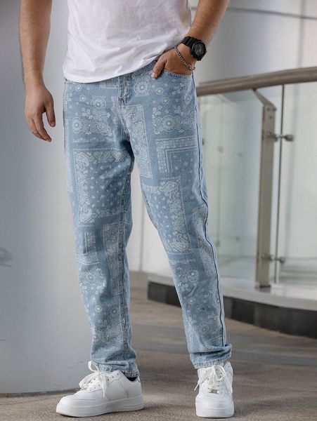 men paisley scarf print slant pocket tapered jeans z9te#, Blue