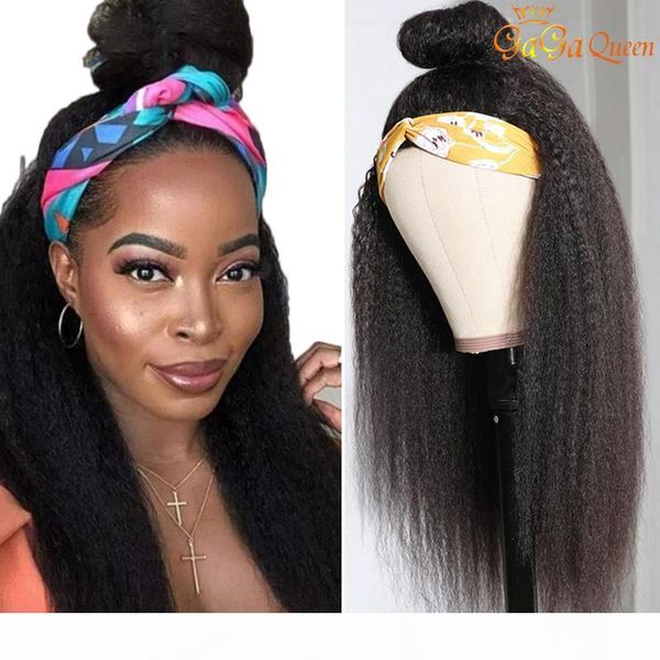 kinky straight headband wig human hair wigs italian yaki headband wigs brazilian human hair headband scarf wigs for black women, Black;brown