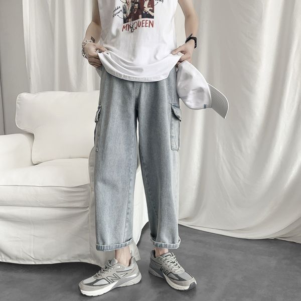 light color work clothes jeans men's fashion brand ins capris straight tube loose wide leg pants korean fashion, Blue
light color work clothes jeans men's fashion brand ins capris straight tube loose wide leg pants korean fashion, Blue