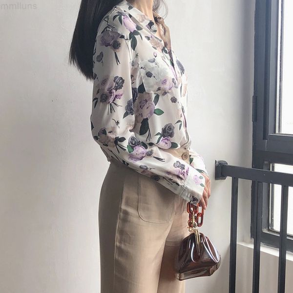 flower silk pocket long print blouse sleeve women shirt rose dvjui