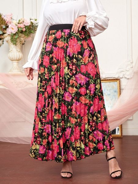 plus high waist allover floral print pleated skirt p8ne#, Black