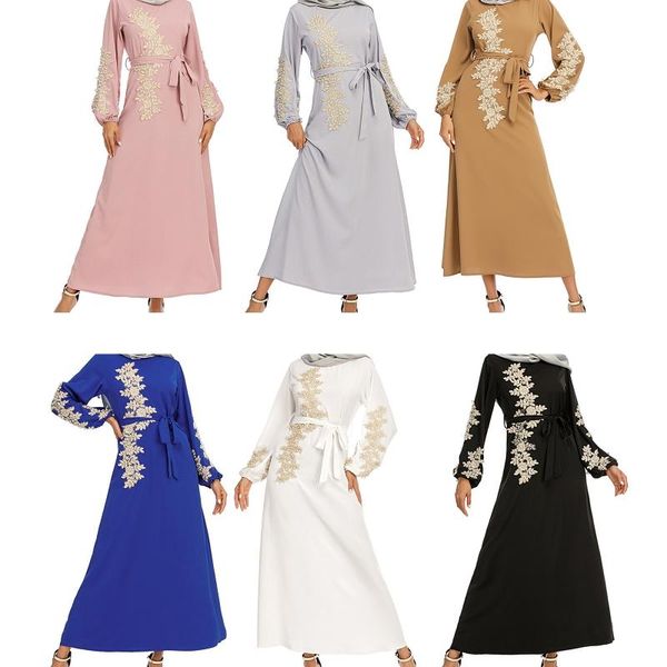 women muslim puff long sleeve maxi dress beading lace applique belted robe abaya, Red
women muslim puff long sleeve maxi dress beading lace applique belted robe abaya, Red
