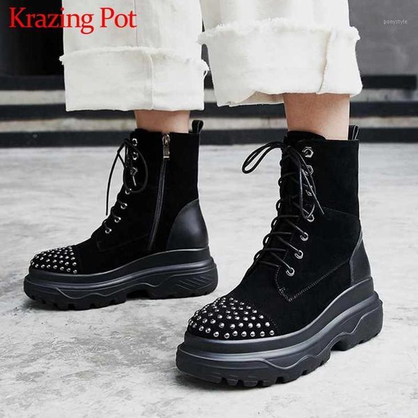 krazing pot new handsome rivets genuine leather boots round toe thick bottom lace up winter keep warm women chic ankle boots l931, Black
krazing pot new handsome rivets genuine leather boots round toe thick bottom lace up winter keep warm women chic ankle boots l931, Black