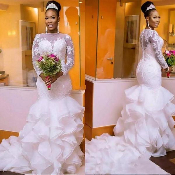 2021 african nigerian plus size long sleeves mermaid wedding dresses with ruffles train bridal gowns lace apliques, White
2021 african nigerian plus size long sleeves mermaid wedding dresses with ruffles train bridal gowns lace apliques, White