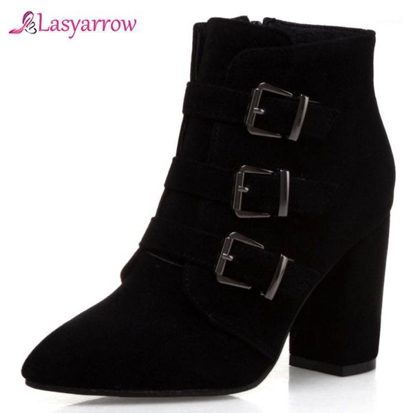 

lasyarrow size 34-50 zipper buckled strap ankle boots women's solid block heels autumn winter booties female short boots j10361, Black