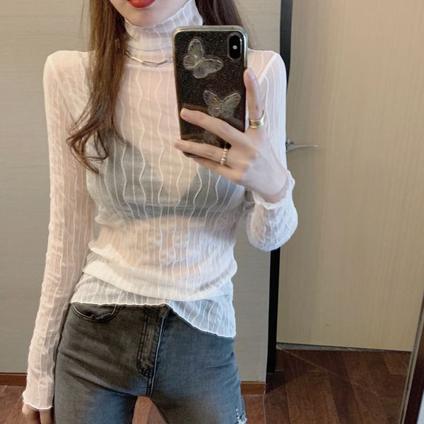 2020 autumn new high collar pleated perspective lace slim fitting pullover long sleeve bottoming shirt for women
2020 autumn new high collar pleated perspective lace slim fitting pullover long sleeve bottoming shirt for women