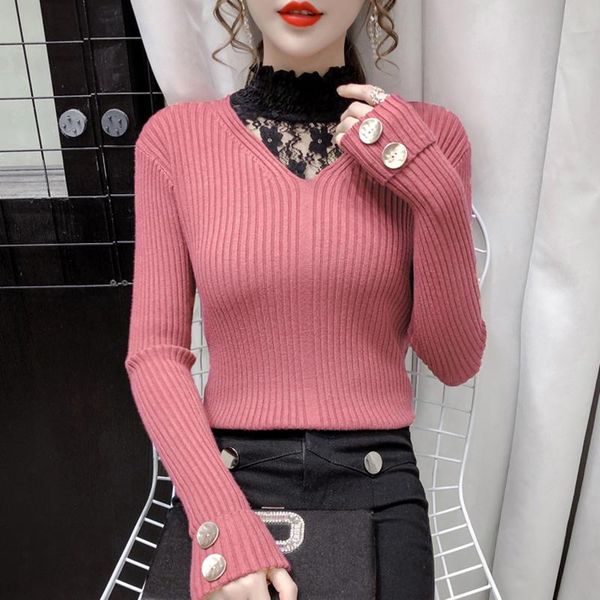 #6288 black white pink beige knitted sweater slim spliced lace turtleneck women sweater korean fashion knitwear pullover, White;black
#6288 black white pink beige knitted sweater slim spliced lace turtleneck women sweater korean fashion knitwear pullover, White;black